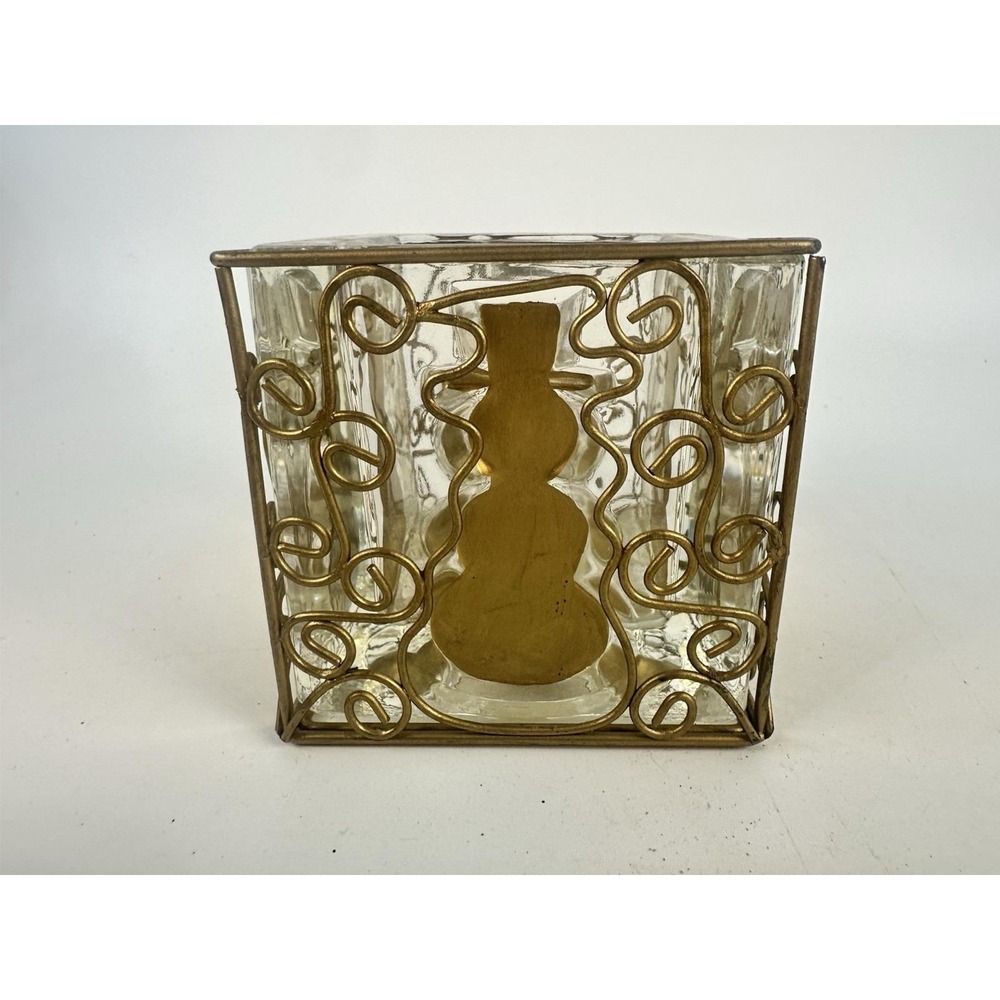 Vintage Thick Glass Snowman Votive Candle Holder Brass Tone Wire 3.5"